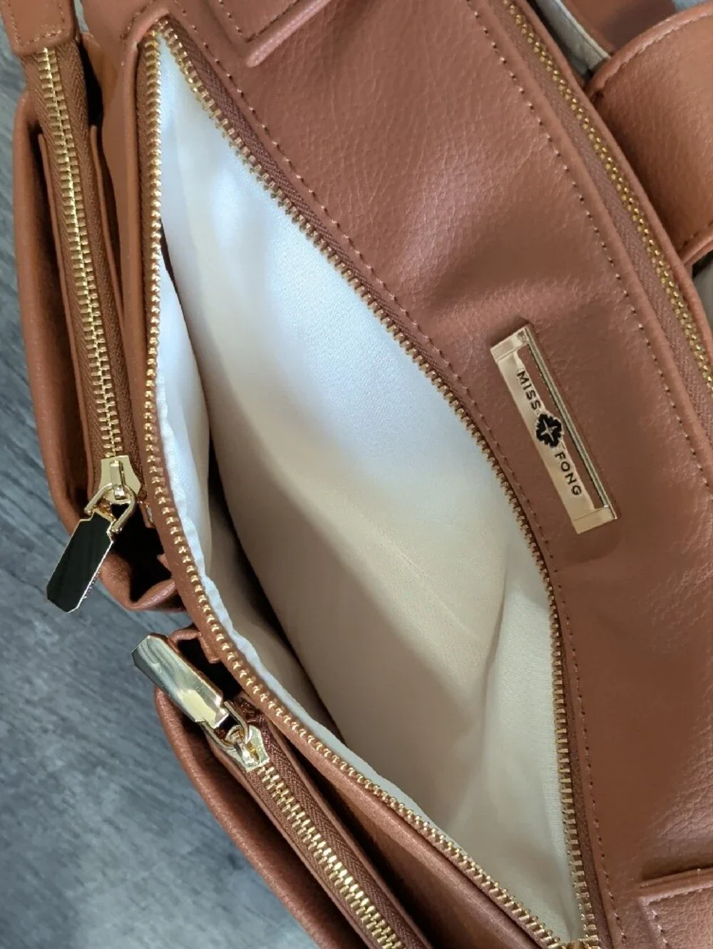 Tan Vegan Leather Baby Diaper Bag Tote Backpack with Multiple Front Pockets